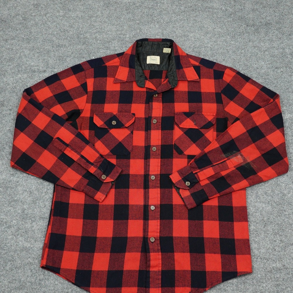 Vintage Sears Shirt Mens Medium Red Black Buffalo Plaid Acrylic Button Down